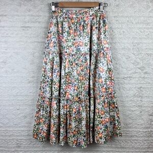 MOODIE Cottagecore Floral Maxi Skirt Tiered Boho Elastic Waist Peasant Country